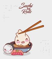 kawaii con gnocco in salsa di riso e cibo per pesci cartone animato giapponese, sushi e panini vettore