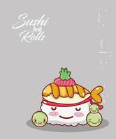 kawaii riso sushi pesce piselli cibo cartone animato giapponese, sushi e panini vettore