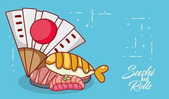 ventilatore e sushi riso pesce cibo kawaii cartone animato giapponese, sushi e panini vettore