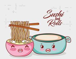 spaghetti kawaii in zuppa e cibo in pentola cartone animato giapponese, sushi e panini vettore