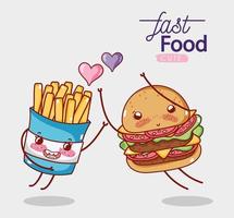 fast food carino hamburger e patatine fritte amore cuori cartone animato vettore