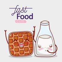 fast food simpatico personaggio dei cartoni animati di waffle e bottiglia di latte vettore