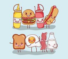 colazione e fast food simpatico hamburger hot dog pane uovo pancetta latte personaggio dei cartoni animati vettore