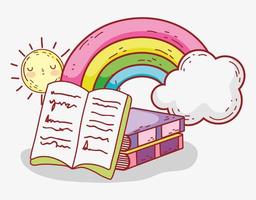 libro aperto libri impilati arcobaleno nuvole sole cartone animato vettore