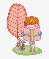 carino ragazzino con libro aperto in erba fiori albero natura vettore