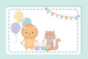 buon compleanno leone scoiattolo cupcakes palloncini celebrazione decorazione card vettore