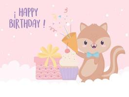 buon compleanno scoiattolo regalo cupcake e coriandoli celebrazione decorazione card vettore