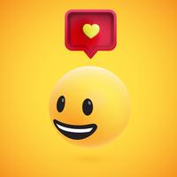 Emoticon giallo altamente dettagliato alto 3D con il fumetto e cuore per il web, illustrazione di vettore