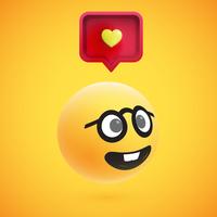 Emoticon giallo altamente dettagliato alto 3D con il fumetto e cuore per il web, illustrazione di vettore