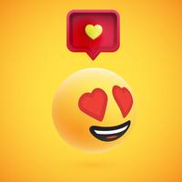 Emoticon giallo altamente dettagliato alto 3D con il fumetto e cuore per il web, illustrazione di vettore