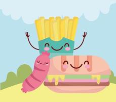 panino salsiccia e patatine fritte personaggio menu cartone animato cibo carino vettore
