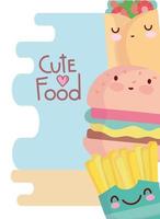 hamburger burrito e patatine fritte menu personaggio cartone animato cibo carino vettore