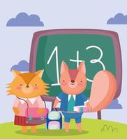 ritorno a scuola, volpe e scoiattolo lavagna zaino libro cartone animato vettore