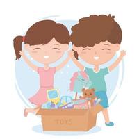 kids zone, bambino e bambina con scatola di cartone di giocattoli vettore