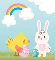 buona pasqua coniglio e pollo con uova in erba nuvole arcobaleno vettore