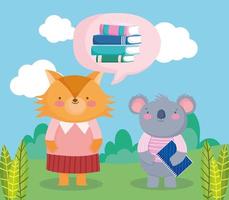 ritorno a scuola, libri volpe koala con cartone animato blocco note vettore
