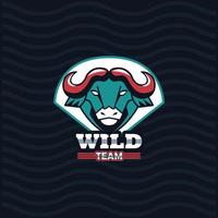 icona dell'emblema dell'animale con la testa anteriore del bufalo con scritte del team wild vettore