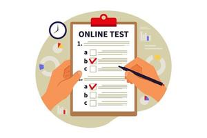 concetto di test online, e-learning, esame... illustrazione vettoriale. piatto vettore