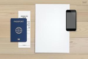 sfondo del libro bianco con smartphone, passaporto e biglietto su uno sfondo di legno. sfondo per il turismo e l'idea di viaggio. vettore.