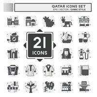 icona impostato Qatar. relazionato per vacanza simbolo. comico stile. semplice design illustrazione. vettore