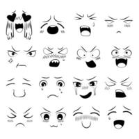anime emozione effetto. impostato di scarabocchi di vario emozioni nel anime stile. espressione di emozioni, facciale espressioni. vettore
