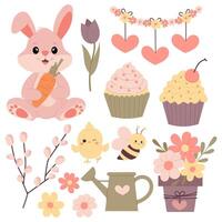 impostato di primavera decorativo elementi. primavera clipart. rosa coniglietto, ape, ghirlanda, fiori, eccetera. nel piatto stile. vettore