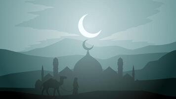 Ramadan paesaggio vettore illustrazione. moschea silhouette con cammello e un' musulmano a notte. moschea paesaggio per illustrazione, sfondo o Ramadan. eid mubarak paesaggio per Ramadan evento