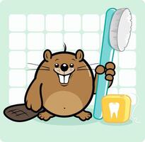 cartone animato castoro Tenere un' spazzolino e un' dentale filo interdentale. castoro dentista medico. vettore illustrazione