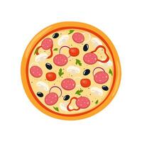 fresco il giro Pizza con pomodoro, formaggio, oliva, salsiccia, cipolla, funghi. tradizionale italiano veloce cibo. superiore Visualizza pasto. vettore illustrazione.