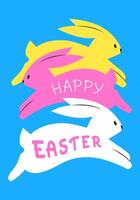 contento Pasqua saluto carta con in esecuzione conigli su blu sfondo. luminosa moderno vettore illustrazione