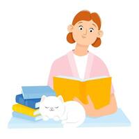 carino giovane donna seduta a il tavolo lettura un' libro con un' gatto vettore