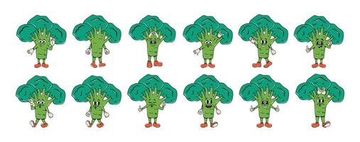 impostato di personaggi nel Groovy stile. la verdura, broccoli nel un' comico hippie 70s stile. vettore illustrazione. isolato. personaggio y2k elemento. forme psichedelico. collezione di facce e mani. etichetta