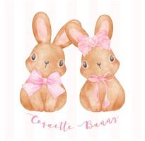 civetta coniglietto, Due adorabile Marrone coniglio nel cuore telaio con rosa nastro arco acquerello estetico pittura vettore