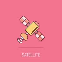 satellitare icona nel comico stile. sputnik cartone animato vettore illustrazione su isolato sfondo. spazio trasporto spruzzo effetto cartello attività commerciale concetto.