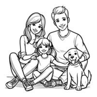 ai generato disegno contento famiglia con cane cartone animato personaggio scarabocchio vettore illustrazione su bianca sfondo
