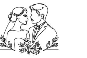 ai generato uno continuo singolo disegno nero linea arte scarabocchio nozze coppia sposa e sposo outlne vettore illustrazione su bianca sfondo