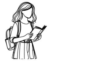 ai generato uno continuo nero linea disegno giovane scuola ragazza con un' zaino e trasporto libro indietro per scuola concetto schema scarabocchio vettore illustrazione su bianca sfondo