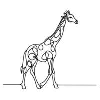 continuo singolo mano disegno nero linea arte di giraffa in piedi schema scarabocchio cartone animato schizzo stile vettore illustrazione su bianca sfondo