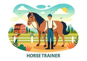 equestre sport cavallo allenatore vettore illustrazione con addestramento, equitazione Lezioni e in esecuzione cavalli nel piatto cartone animato sfondo design
