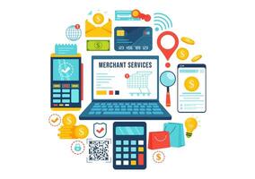 mercante servizio vettore illustrazione di digitale marketing strategia con persone rinvio attività commerciale e guadagnare i soldi in linea nel piatto cartone animato sfondo