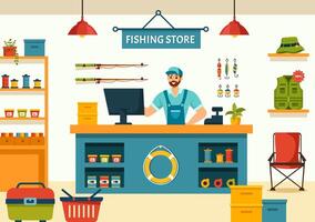 pesca memorizzare vettore illustrazione con vendita vario pesca attrezzatura, esca, pesce attraente Accessori o elementi su piatto cartone animato sfondo