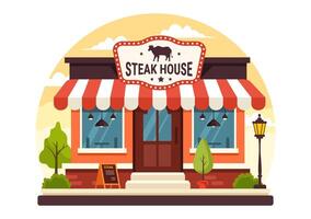 steakhouse vettore illustrazione con ristorante quello fornisce grigliato carne con succoso delizioso bistecca, insalata e pomodori per barbecue nel sfondo