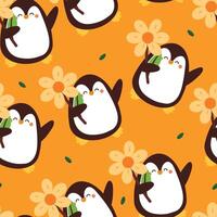 senza soluzione di continuità modello cartone animato pinguino con fiori. carino animale sfondo illustrazione per regalo avvolgere carta vettore