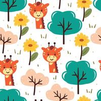 senza soluzione di continuità modello cartone animato giraffa con fiore, pianta e albero. carino animale sfondo per tessile, regalo avvolgere carta vettore