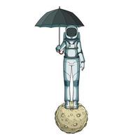 astronauta con ombrello in piedi sulla luna