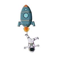 astronauta simpatico cartone animato che vola con un razzo