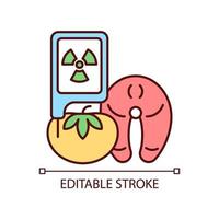 radiazioni nell'icona del colore rgb per i test sugli alimenti. irradiazione alimentare. determinare i prodotti a rischio nucleare. nutrizione radioattiva. illustrazione vettoriale isolato. semplice disegno a tratteggio pieno. tratto modificabile