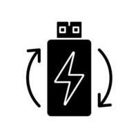 icona dell'etichetta manuale del glifo nero della batteria ricaricabile agli ioni di litio. accumulatore riutilizzabile. energia per l'auricolare vr. simbolo di sagoma su uno spazio bianco. illustrazione vettoriale isolato per le istruzioni per l'uso del prodotto