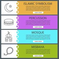 set di modelli di banner web cultura islamica. falce di luna e stella, moschea, misbaha, daf. voci di menu del sito Web con icone lineari. concetti di design delle intestazioni vettoriali