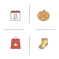 set di icone di colore di halloween. zucca, calzini caldi, data 31 ottobre, shopping bag con foglia d'acero. illustrazioni vettoriali isolate